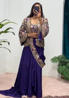 Purple Embroidery Chinon Saree Set