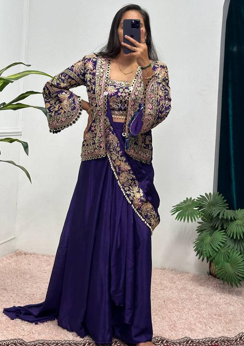Purple Embroidery Chinon Saree Set - Indya