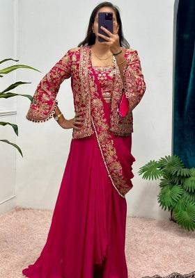 Rani Pink Embroidery Chinon Saree Set