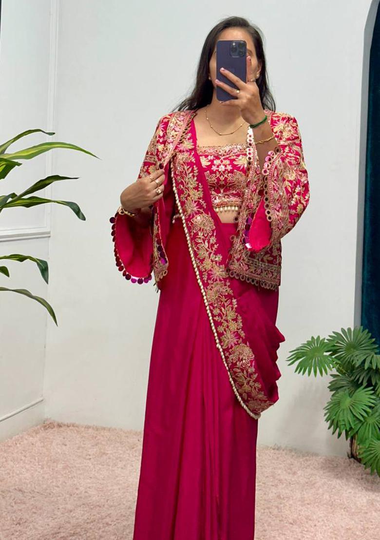 Rani Pink Embroidery Chinon Saree Set - Indya