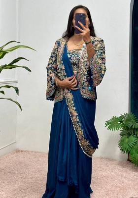 Teal Embroidery Chinon Saree Set