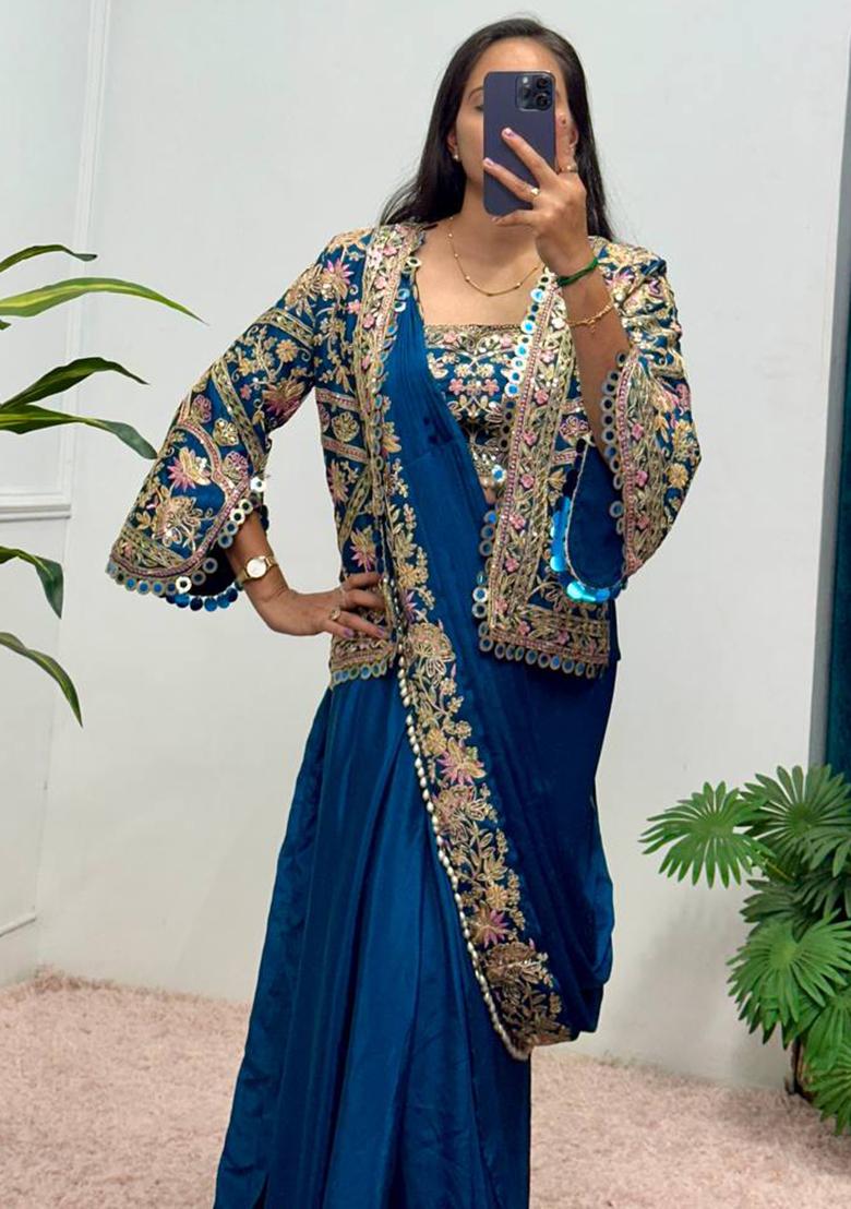 Teal Embroidery Chinon Saree Set - Indya