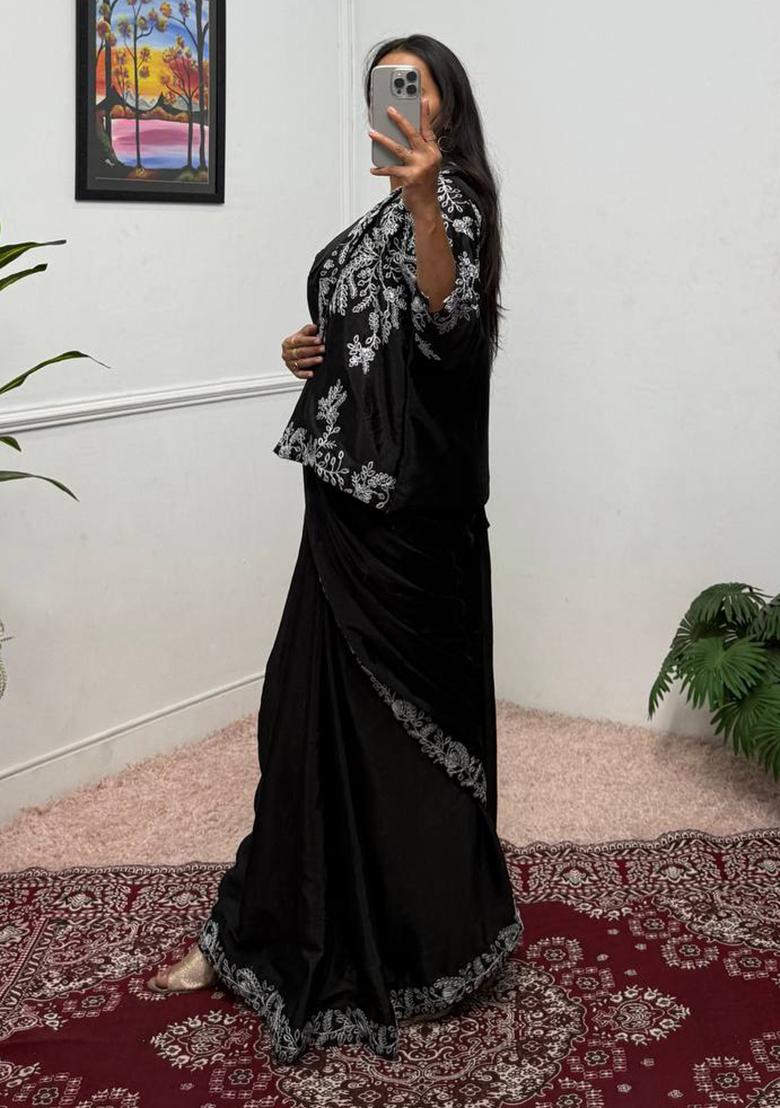 Black Embroidery Chinon Saree Set - Indya