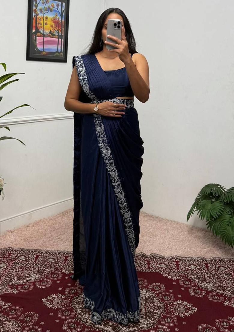 Blue Embroidery Chinon Saree Set - Indya