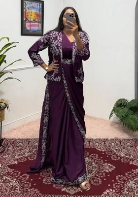 Wine Embroidery Chinon Saree Set