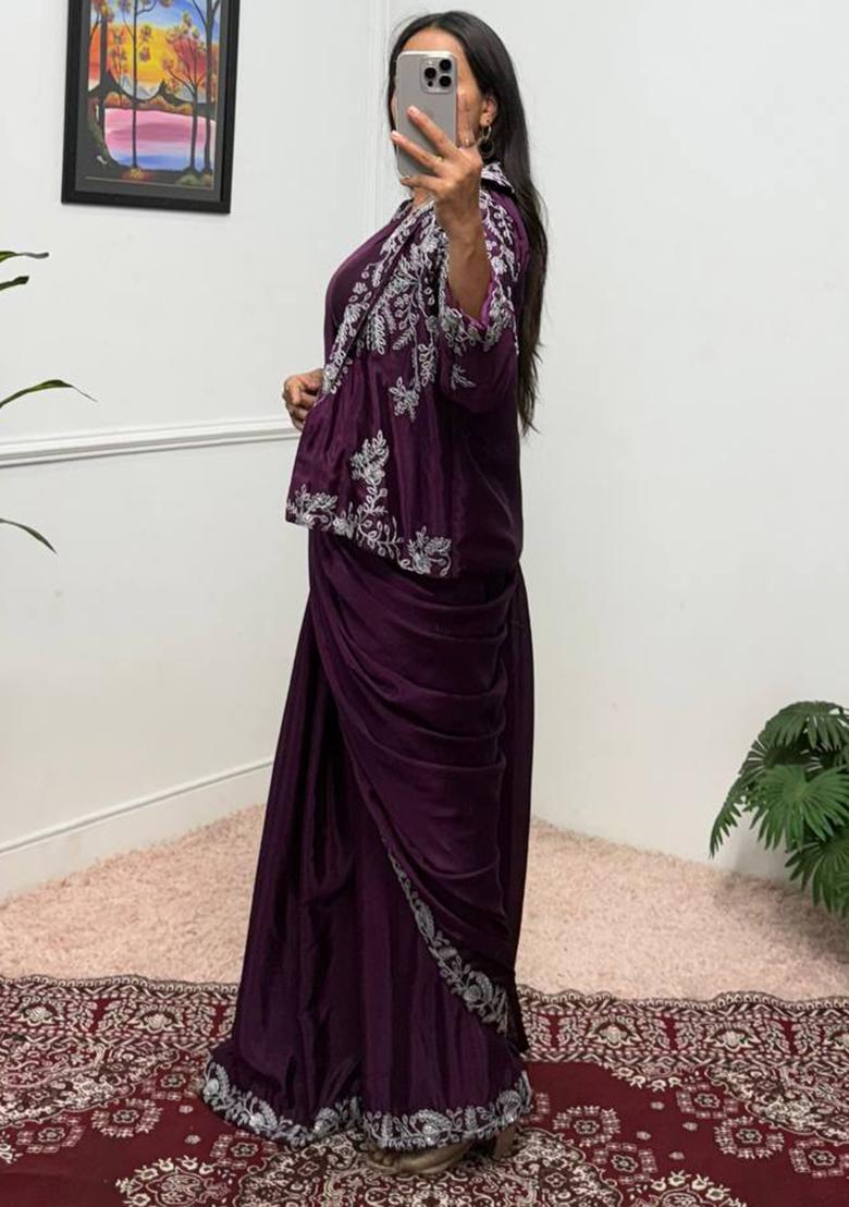 Wine Embroidery Chinon Saree Set - Indya