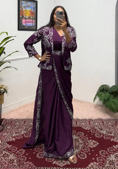 Wine Embroidery Chinon Saree Set — view on Indya