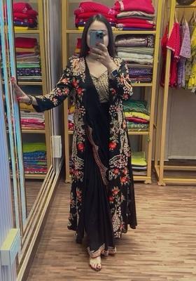 Black Embroidery Chinon Saree Set