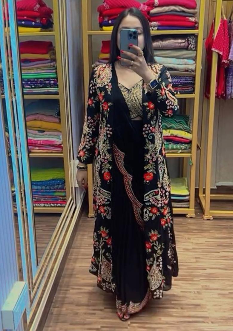 Black Embroidery Chinon Saree Set - Indya