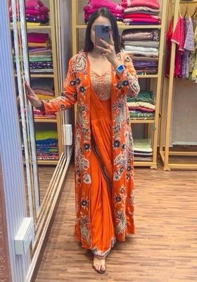 Orange Embroidery Chinon Saree Set