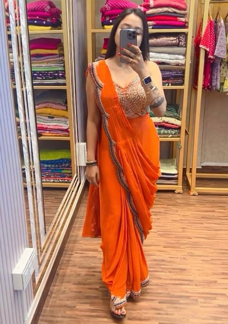 Orange Embroidery Chinon Saree Set - Indya
