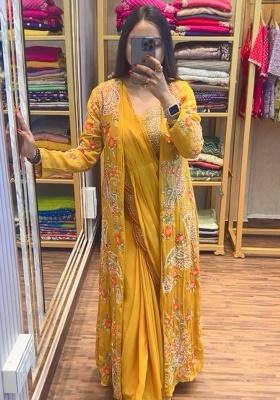 Yellow Embroidery Chinon Saree Set