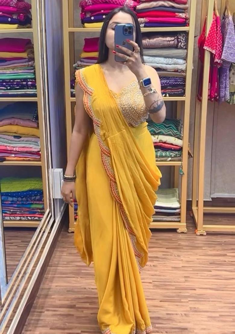 Yellow Embroidery Chinon Saree Set - Indya