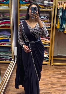 Dark Blue Embroidery Silk Saree Set