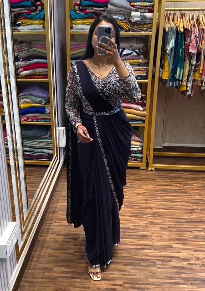 Dark Blue Embroidery Silk Saree Set - Indya