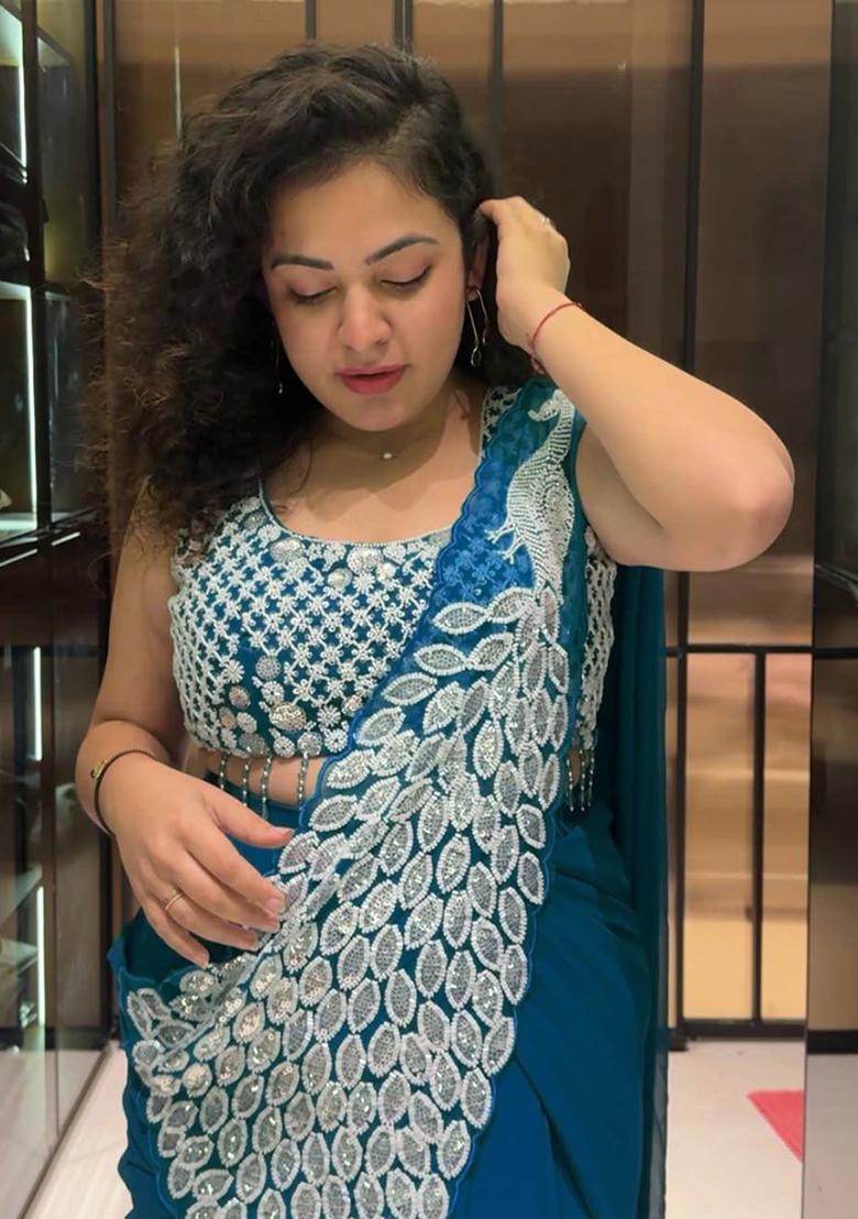 Blue Embroidery Georgette Saree Set - Indya