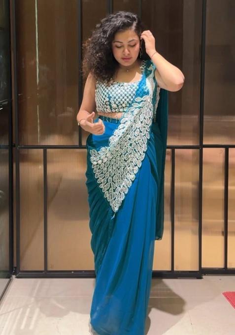 Blue Embroidery Georgette Saree Set — view on Indya