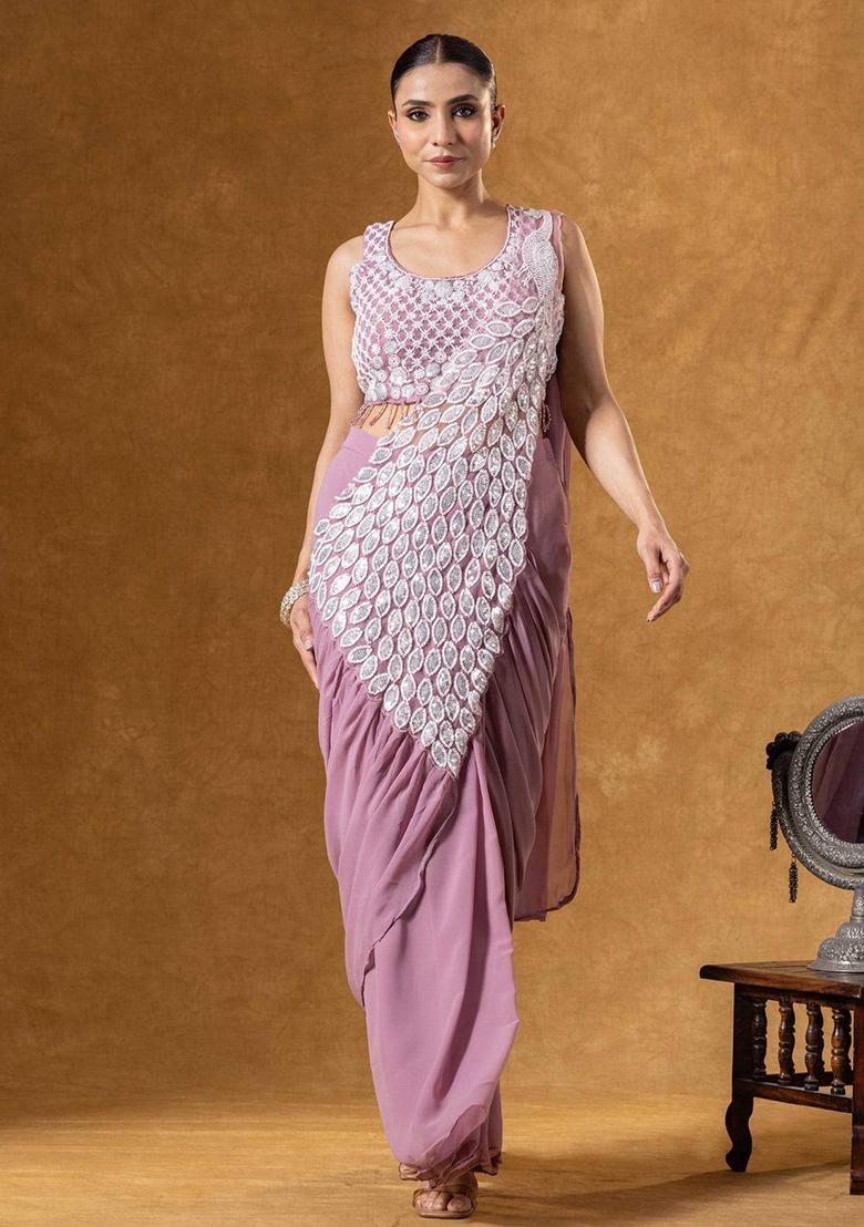 Onion Embroidery Georgette Saree Set - Indya