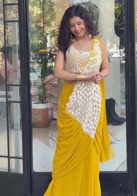 Yellow Embroidery Georgette Saree Set