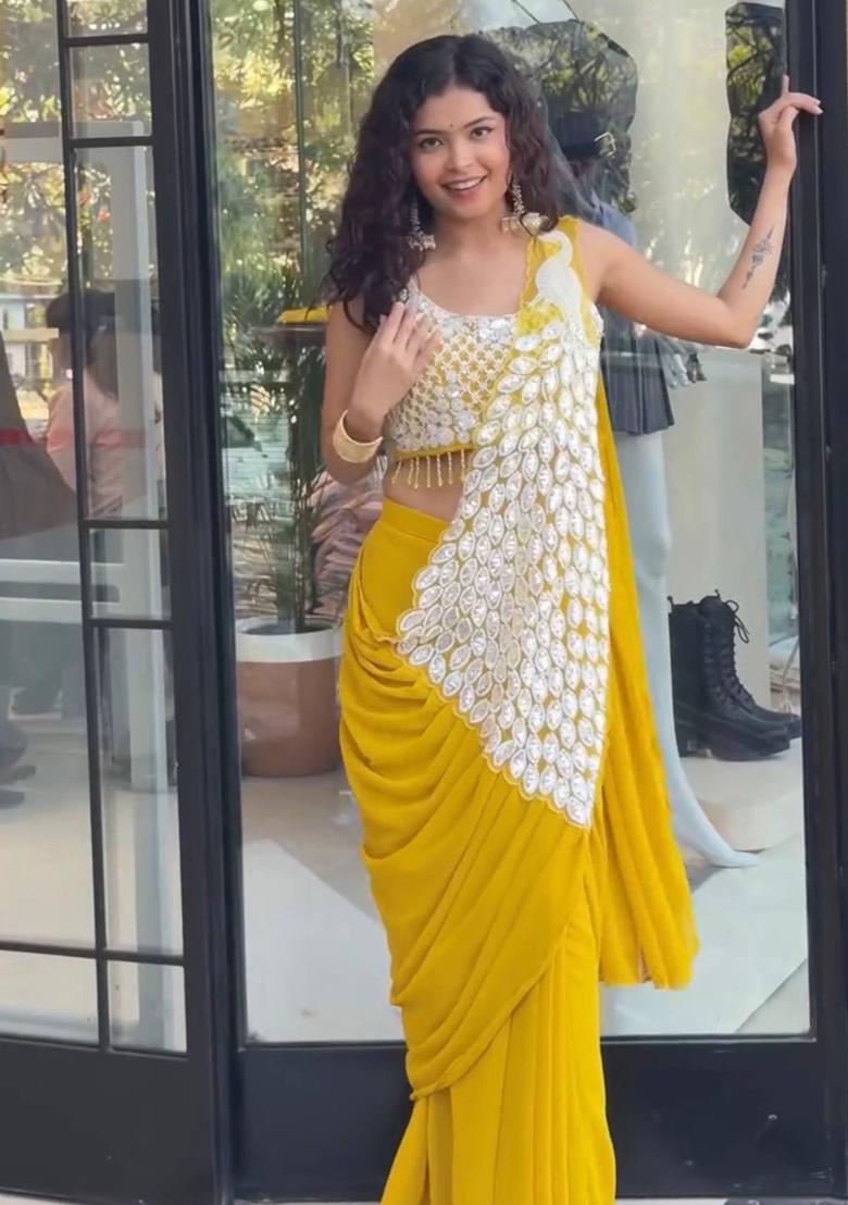 Yellow Embroidery Georgette Saree Set - Indya