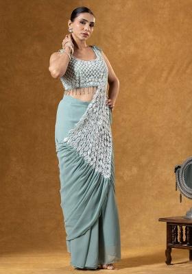 Teal Embroidery Georgette Saree Set