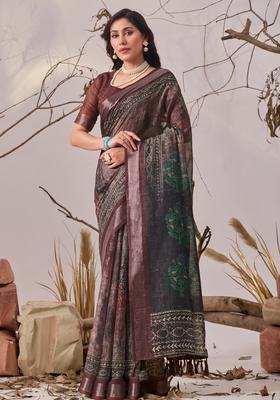 Brown Printed Cotton Saree Set