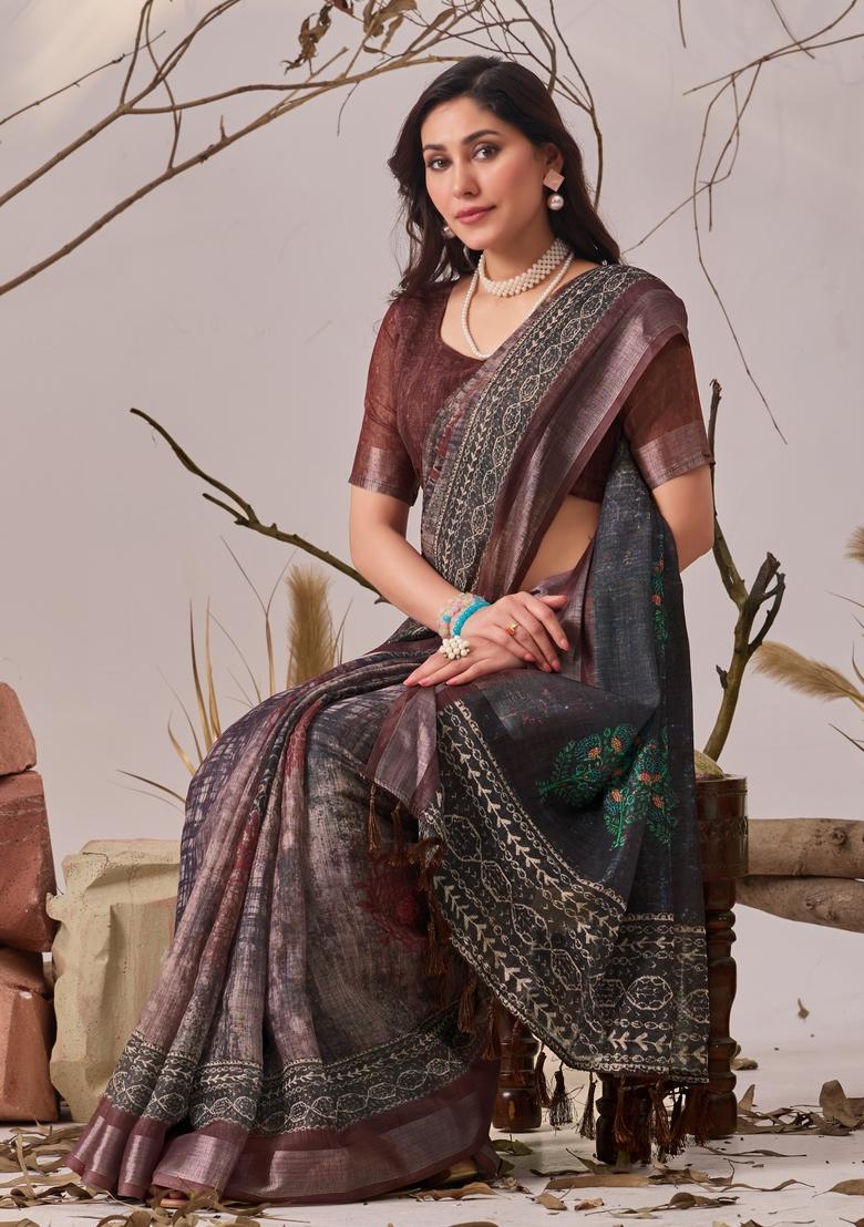 Brown Printed Cotton Saree Set - Indya