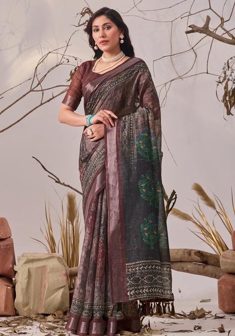 Brown Printed Cotton Saree Set