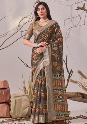 Beige Printed Cotton Saree Set