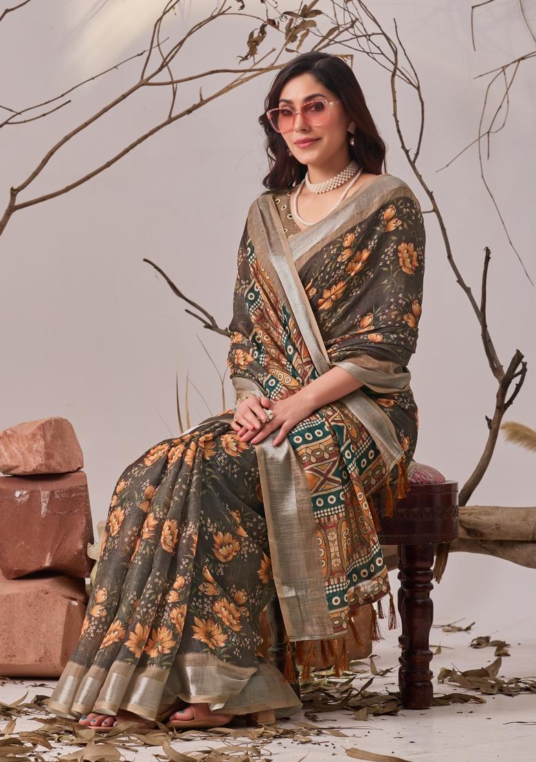 Beige Printed Cotton Saree Set - Indya