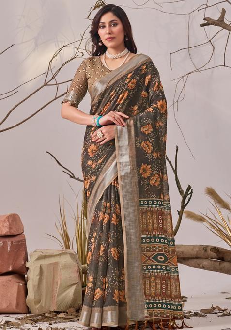 Beige Printed Cotton Saree Set