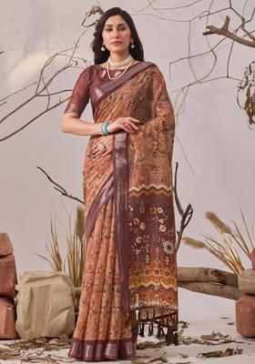 Light Brown Printed Cotton Saree Set