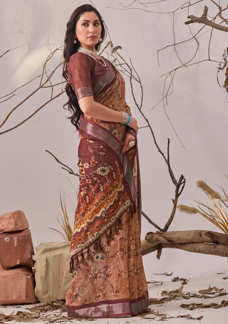Light Brown Printed Cotton Saree Set - Indya