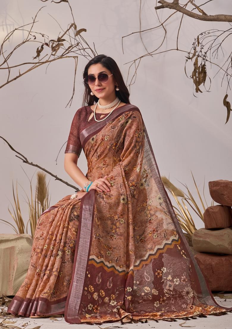 Light Brown Printed Cotton Saree Set - Indya