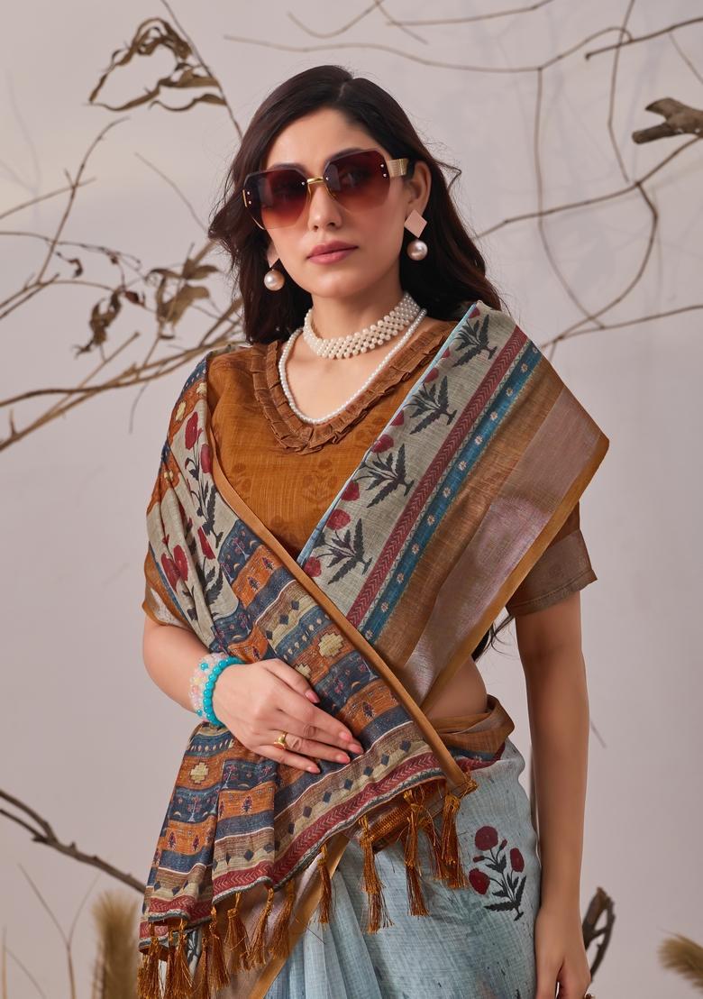 Sky Blue Printed Cotton Saree Set - Indya