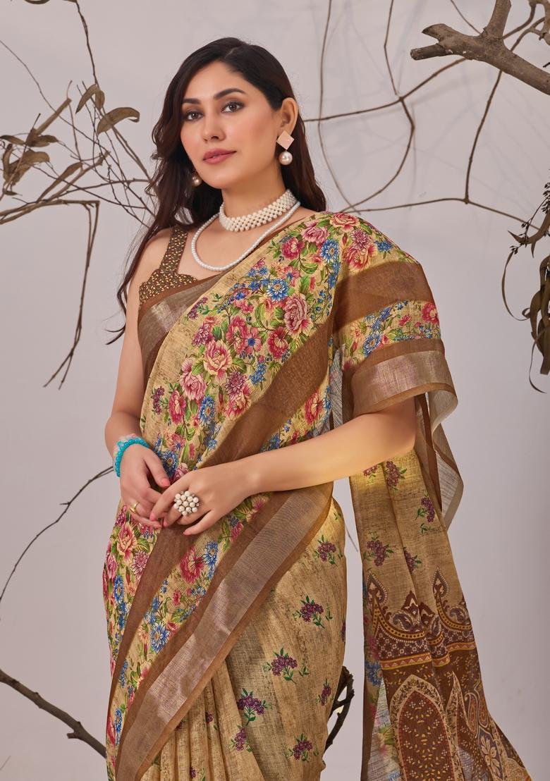 Cream Printed Cotton Saree Set - Indya