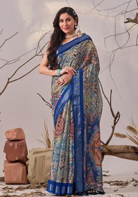 Blue Printed Cotton Saree Set