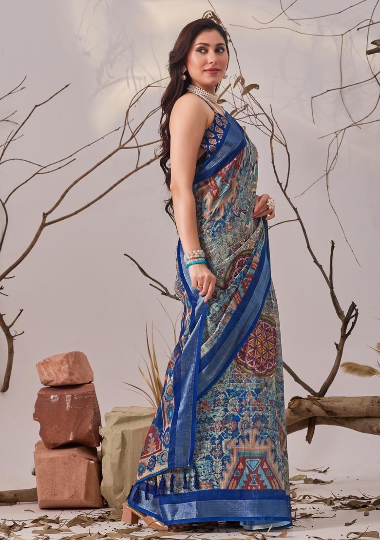 Blue Printed Cotton Saree Set - Indya