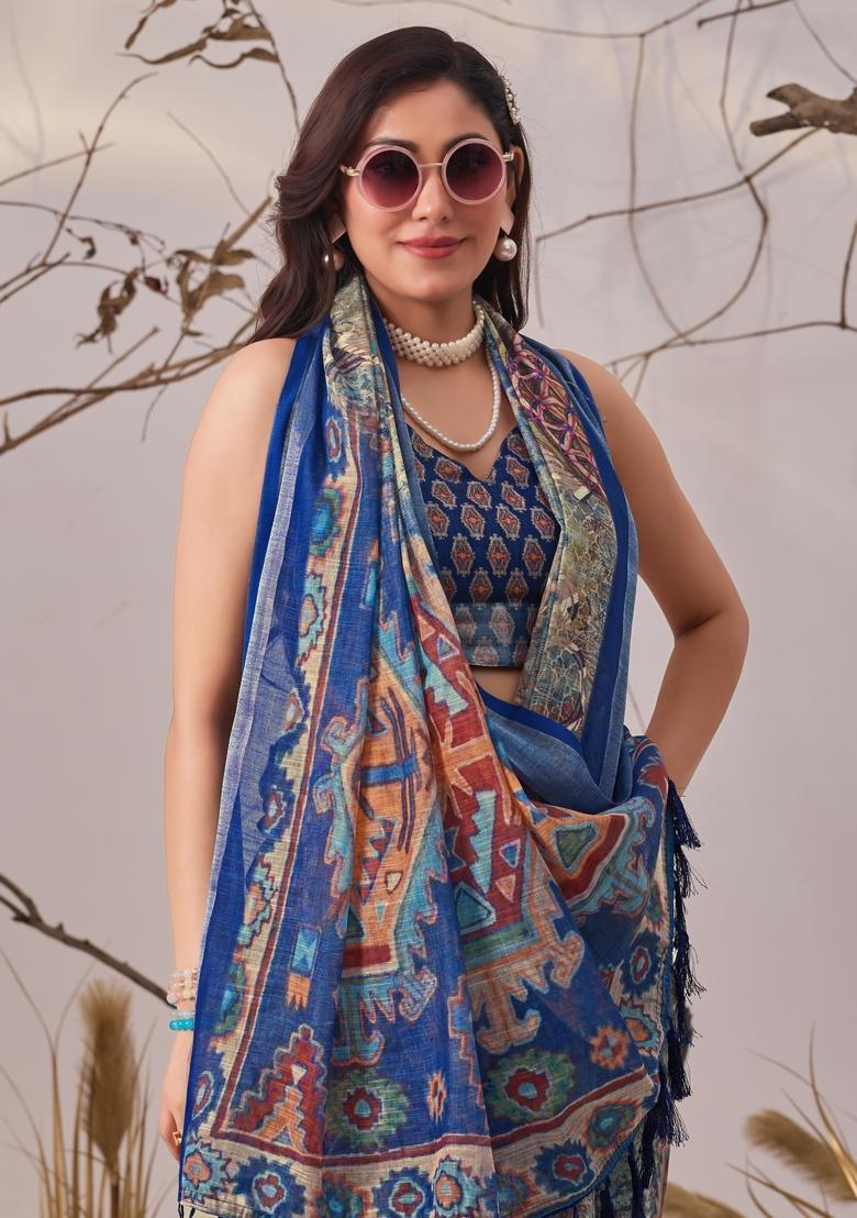 Blue Printed Cotton Saree Set - Indya