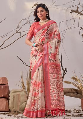 Pink Printed Cotton Saree Set