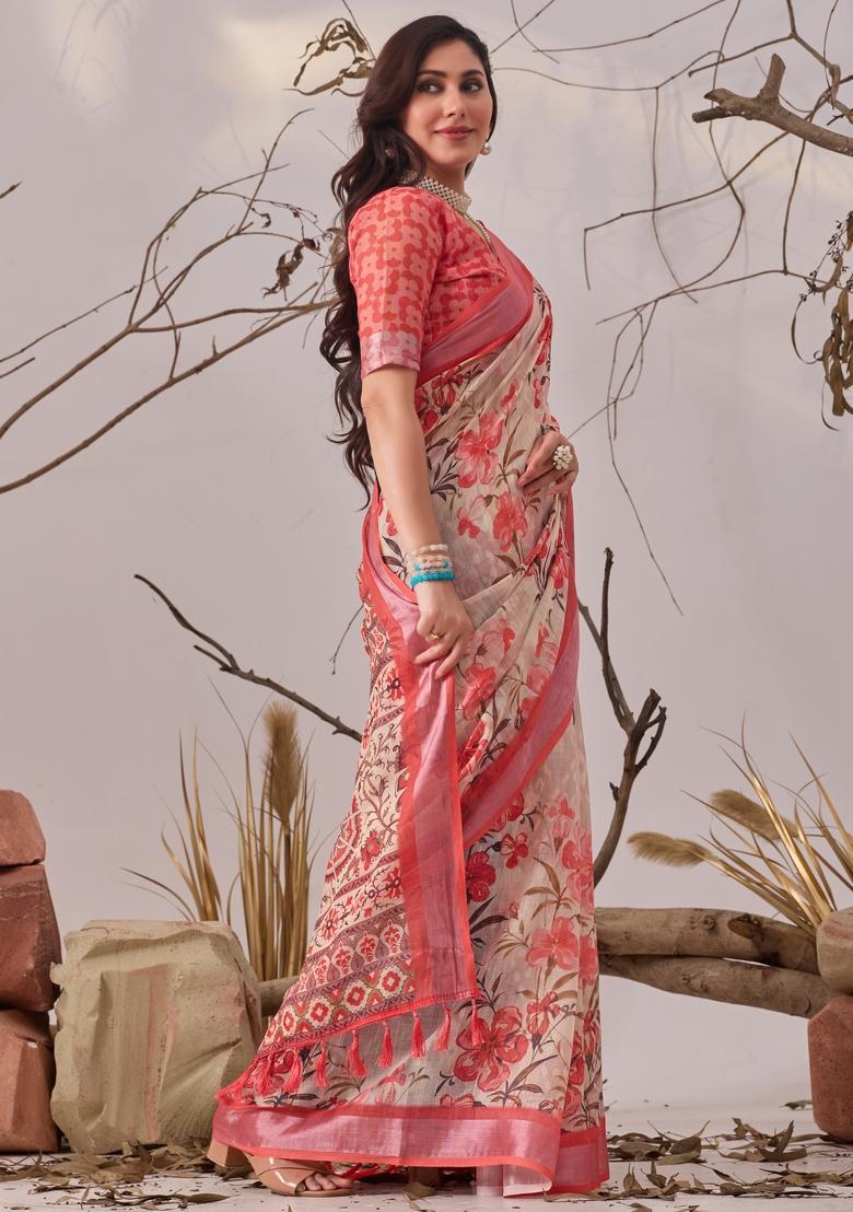 Pink Printed Cotton Saree Set - Indya