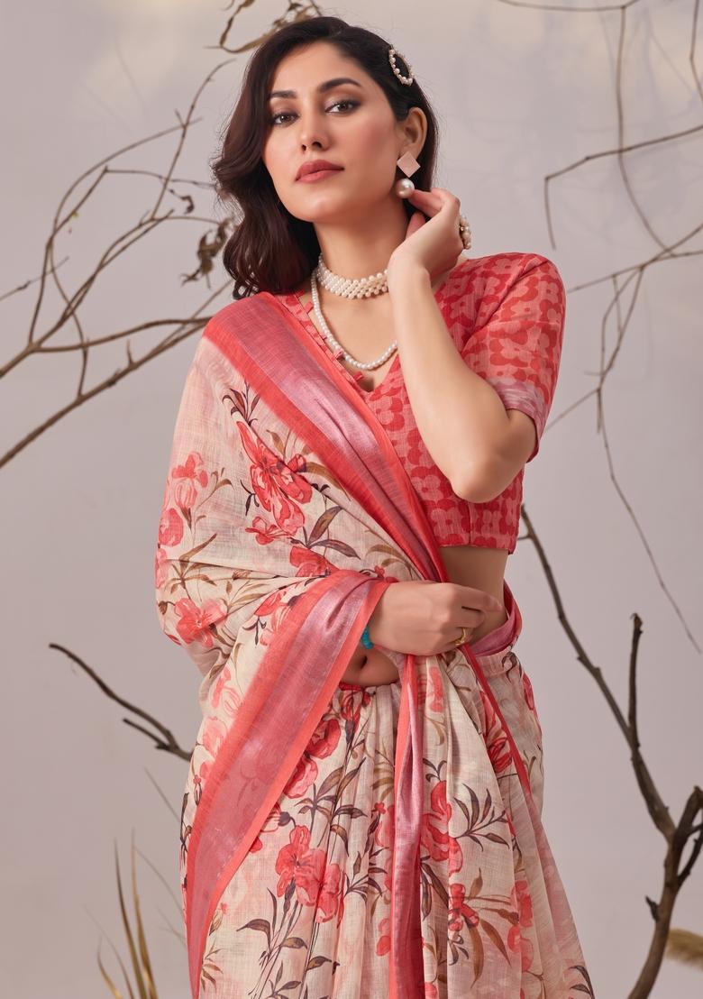 Pink Printed Cotton Saree Set - Indya