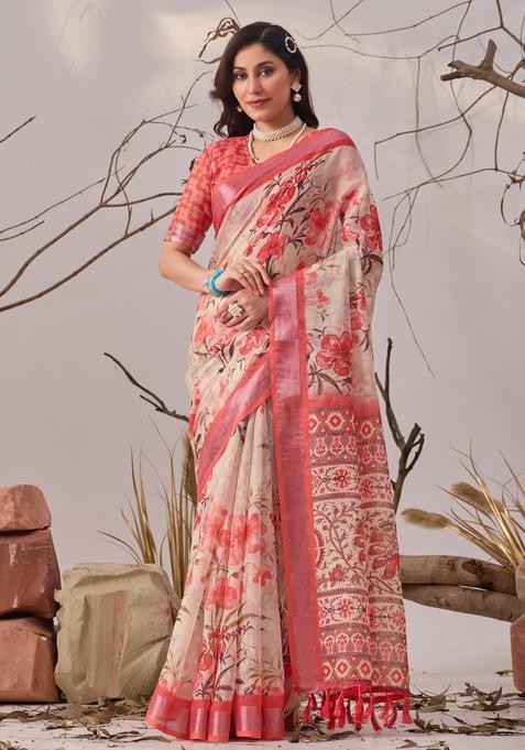 Pink Printed Cotton Saree Set