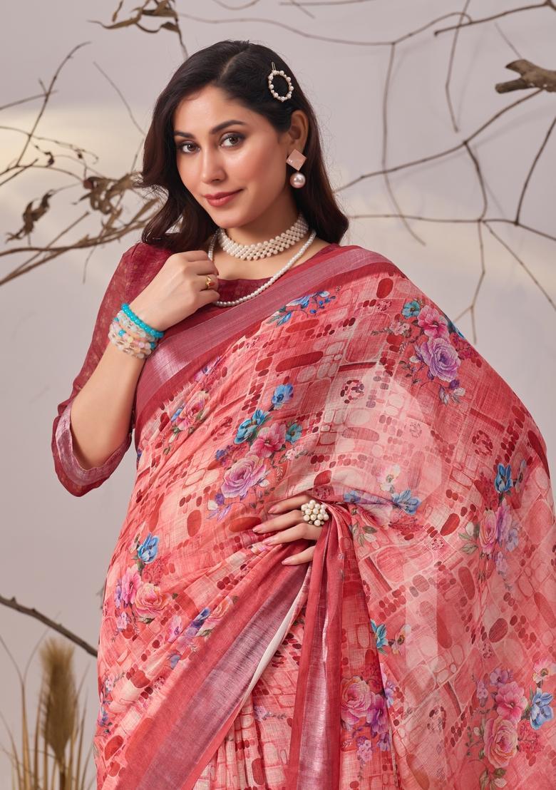 Magenta Printed Cotton Saree Set - Indya