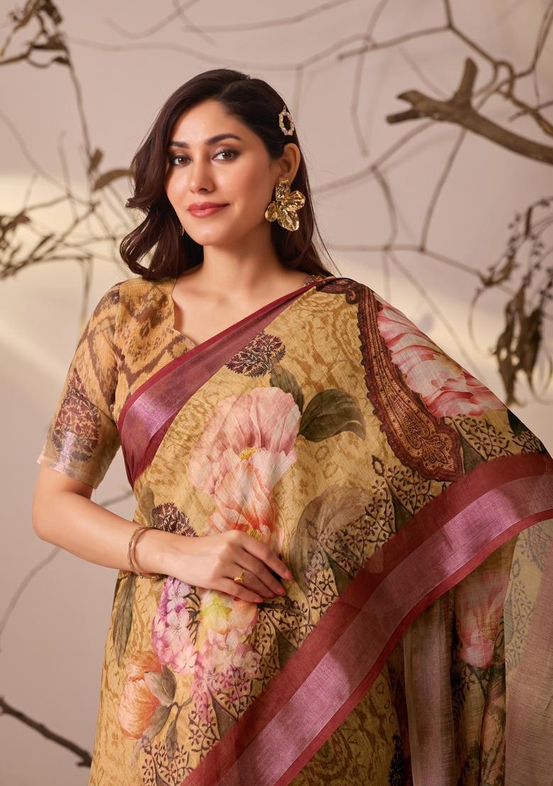 Yellow Printed Cotton Saree Set - Indya