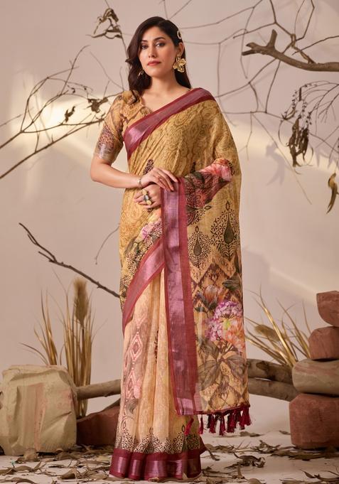 Yellow Printed Cotton Saree Set
