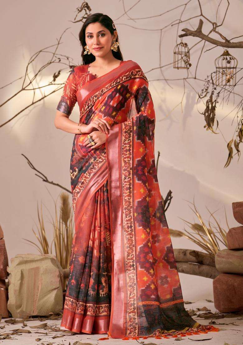 Red Printed Cotton Saree Set - Indya