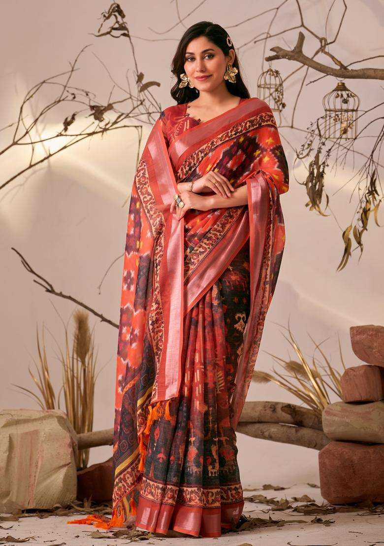 Red Printed Cotton Saree Set - Indya