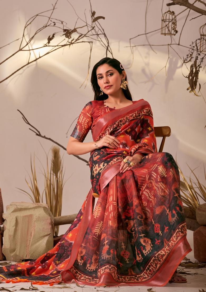 Red Printed Cotton Saree Set - Indya