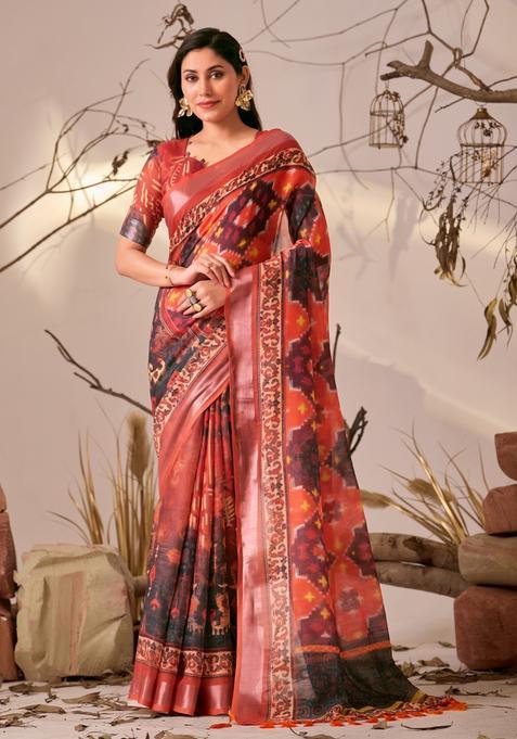 Red Printed Cotton Saree Set